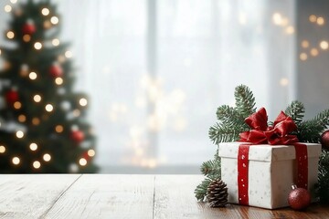 Wall Mural - Empty of Christmas Blurred on Background. Blank Christmas. Gifts. Christmas Trees. Product Mockup. Copy space.