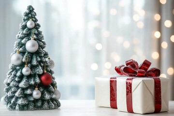 Wall Mural - Empty of Christmas Blurred on Background. Blank Christmas. Gifts. Christmas Trees. Product Mockup. Copy space.