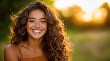 A young woman with voluminous curly hair smiles broadly in the lush greenery during sunset, wearing an off-shoulder top, symbolizing happiness and natural beauty.