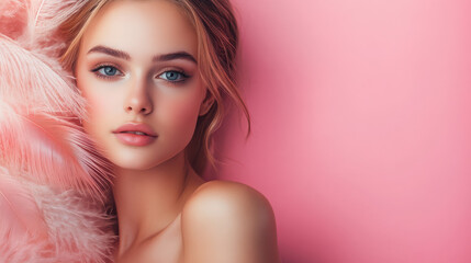 Wall Mural - A close-up portrait of a young woman with soft features against a pink background.