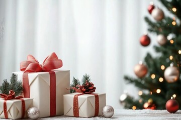 Wall Mural - Empty of Christmas Blurred on Background. Blank Christmas. Gifts. Christmas Trees. Product Mockup. Copy space.