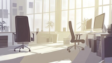 Sticker - Modern office interior with large windows, two chairs, desks, and plants.