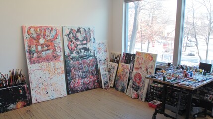 Poster - An artist's studio with large abstract paintings on easels and a table full of paint supplies, brushes, and tools.