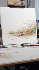 Canvas Print - A partially finished watercolor painting of a grassy field with brown and green hues, set on a table with paintbrushes and paint tubes.