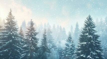 Aufkleber - Tall pine trees blanketed in fresh snow create a peaceful atmosphere in the forest as snowflakes fall softly from the sky. Generative AI