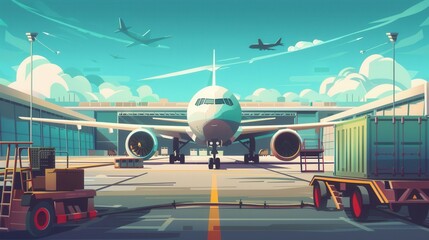 Aufkleber - A cargo airplane is positioned on the runway with various loading and unloading equipment actively deployed for efficient operations. Generative AI