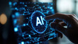 © 沈军 贡 - Businessman touching a digital hologram of an AI icon with the text 'AI' on a virtual screen
