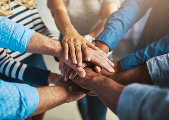 Aufkleber - Hands, team and stack at office for support, solidarity or goal with connection at media company. Business people, group and above circle for synergy, link or cheers for motivation at creative agency