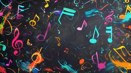 Leinwandbilder - A vibrant chalkboard showcases colorful brushstrokes intertwined with musical notes, illustrating creativity and artistic expression. Generative AI