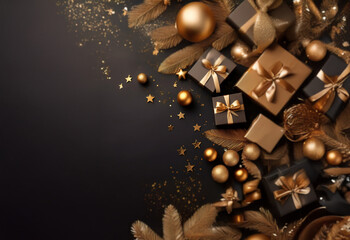 Black and gold holiday decorations, including presents, ornaments, and ribbons, are scattered across a dark background, creating a festive and luxurious feel.