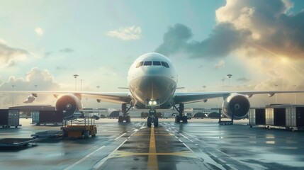 Aufkleber - A cargo airplane is positioned on the runway, with loading and unloading equipment actively preparing for its next flight. Generative AI