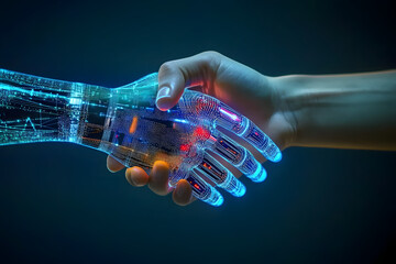 Wall Mural - hand shaking between human and digital hand, integration between human and artificial intelligence.