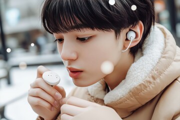 A young person wearing wireless earbuds, looking intently at the charging case, while standing outdoors.