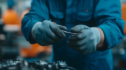 closeup of skilled engineer s hands carefully removing a worn out component from the interior of a j