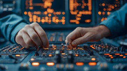 Close up of an engineer s hands carefully adjusting wires and connectors inside the avionics system of an aircraft with an array of intricate tools and electronic components in view