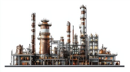 Large industrial oil refinery with chimneys and metal structures, isolated on white background