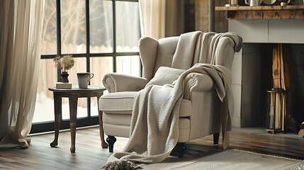 Minimalistic living room interior with comfortable armchair, blanket and side table