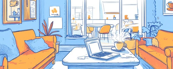 Sticker - Cozy cafe interior with an orange couch, a laptop, a steaming cup of coffee on a table, and plants in pots.