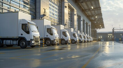 Fototapete - Numerous trucks and vans line up outside a large warehouse, prepared for the day's loading activities as morning light breaks. Generative AI
