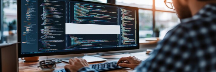A programmer working on a computer, with a monitor displaying code.