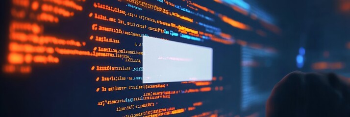 Close-up of a computer screen displaying code with a white rectangular space in the middle.