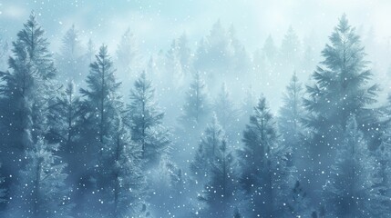 Poster - Tall pine trees stand gracefully in a snow-covered forest, gently falling snowflakes creating a serene winter atmosphere. Generative AI