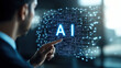 © 沈军 贡 - Businessman touching a digital hologram of an AI icon with the text 'AI' on a virtual screen