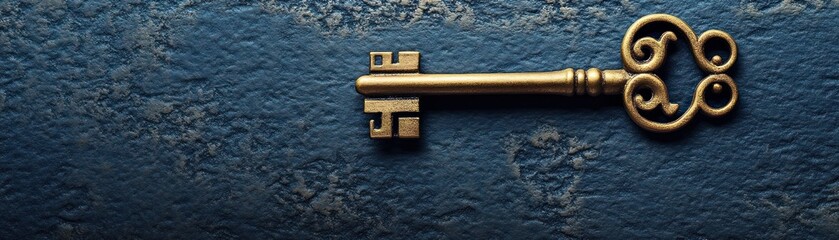 Sticker - An antique brass key with ornate detailing against a dark blue background.