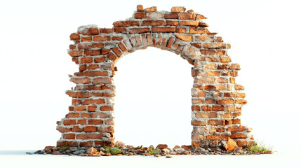 A crumbling brick arch stands isolated against a bright background. Concept of decay and history. For architectural restoration brochures.