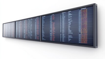 Split-flap airport departure board showing real-time flight updates, isolated on white background