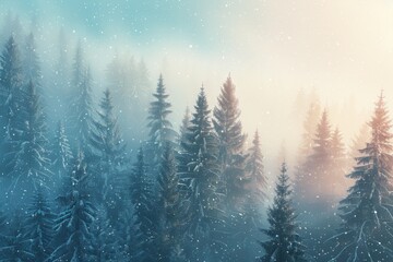 Aufkleber - Soft snow blankets tall pine trees in a peaceful forest as dawn’s light gently illuminates the misty atmosphere. Generative AI