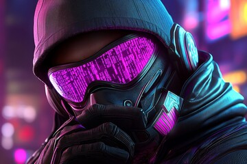 A cyberpunk hacker taking a look at a digital map filled with neon data streams, with glowing code and futuristic tech surrounding them