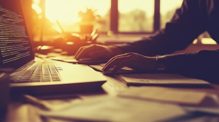 A programmer working on a laptop with code on the screen, in a sunlit office.