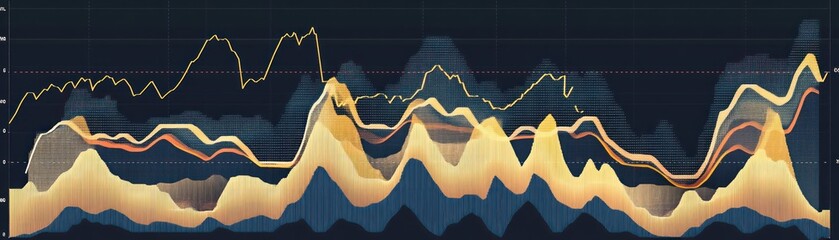 Canvas Print - Abstract chart with multiple lines and peaks, showing fluctuations and trends over time, against a dark background.