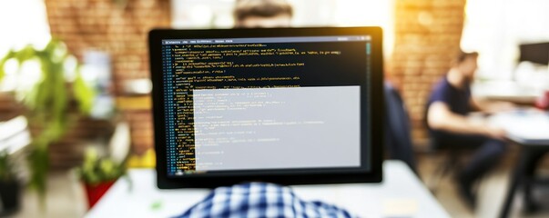 Close-up of a computer screen displaying code with a blurred background of a man working.