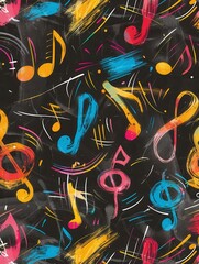 Aufkleber - A lively chalkboard displays a blend of colorful brushstrokes intertwined with musical notes, energizing the learning space. Generative AI