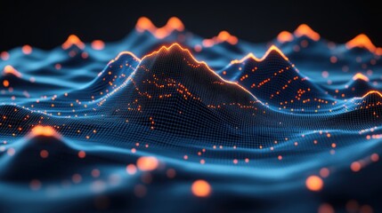 Abstract digital landscape with glowing peaks.