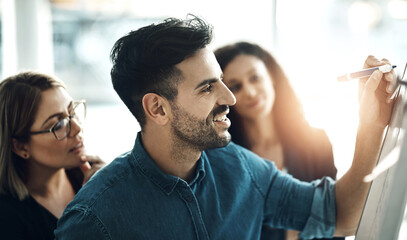Fototapete - Brainstorming board, office team and man writing ideas, business strategy or presentation proposal for design plan. Teamwork, cooperation and workforce group, staff or people work on planning