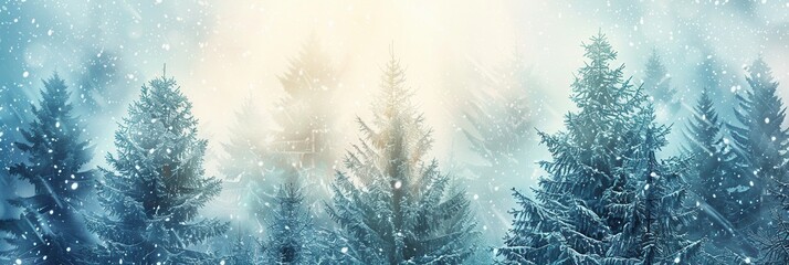 Aufkleber - Tall pine trees stand majestically in a snow-covered forest, illuminated by soft sunlight filtering through falling snowflakes. Generative AI