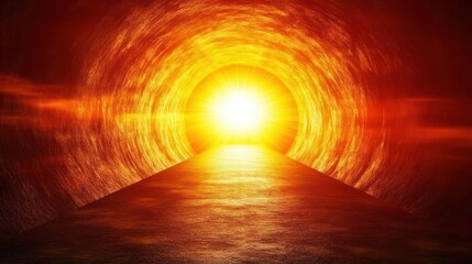 Wall Mural - A glowing tunnel of light at the end of a dark path.