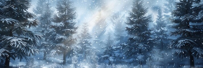 Aufkleber - Tall pine trees blanketed in snow create a peaceful winter forest, with gentle snowflakes falling quietly in the afternoon light. Generative AI