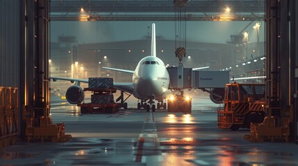 Aufkleber - The cargo airplane is stationed on the runway as workers utilize loading equipment in preparation for unloading at twilight. Generative AI