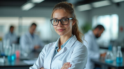 Wall Mural - A young Woman in White Coat and Glasses Standing in Medical Science Laboratory Team of Specialists in the Background.