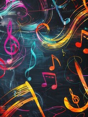 Leinwandbilder - A chalkboard displays vibrant brushstrokes interlaced with various musical notes and symbols in an artistic educational environment. Generative AI