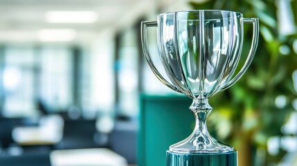 Wall Mural - A silver trophy sits on a green base in an office setting with green plants in the background.