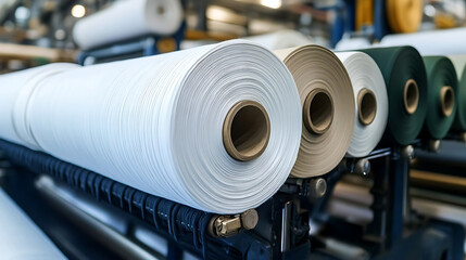 Rolls of industrial cotton fabric for textile manufacturing on machinery. created with Generative AI technology