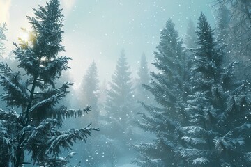 Poster - Tall pine trees stand majestically in a snow-covered forest, enveloped in a serene winter atmosphere with falling snowflakes. Generative AI