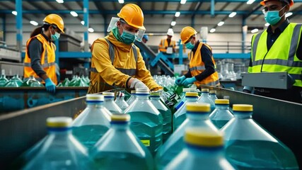 Aufkleber - In a busy recycling facility, workers in safety gear carefully sort plastic bottles for processing.
