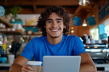 A student taking a break at a coffee shop, closing their laptop and enjoying a cup of coffee with a serene expression