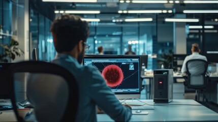 Man Working on Computer with Red 3D Model on Screen in Office